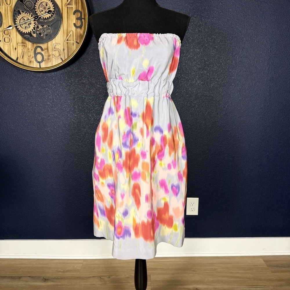 Maeve Anthropologie Silk Rain Floral Strapless Blouson Watercolor Dress | Size 2